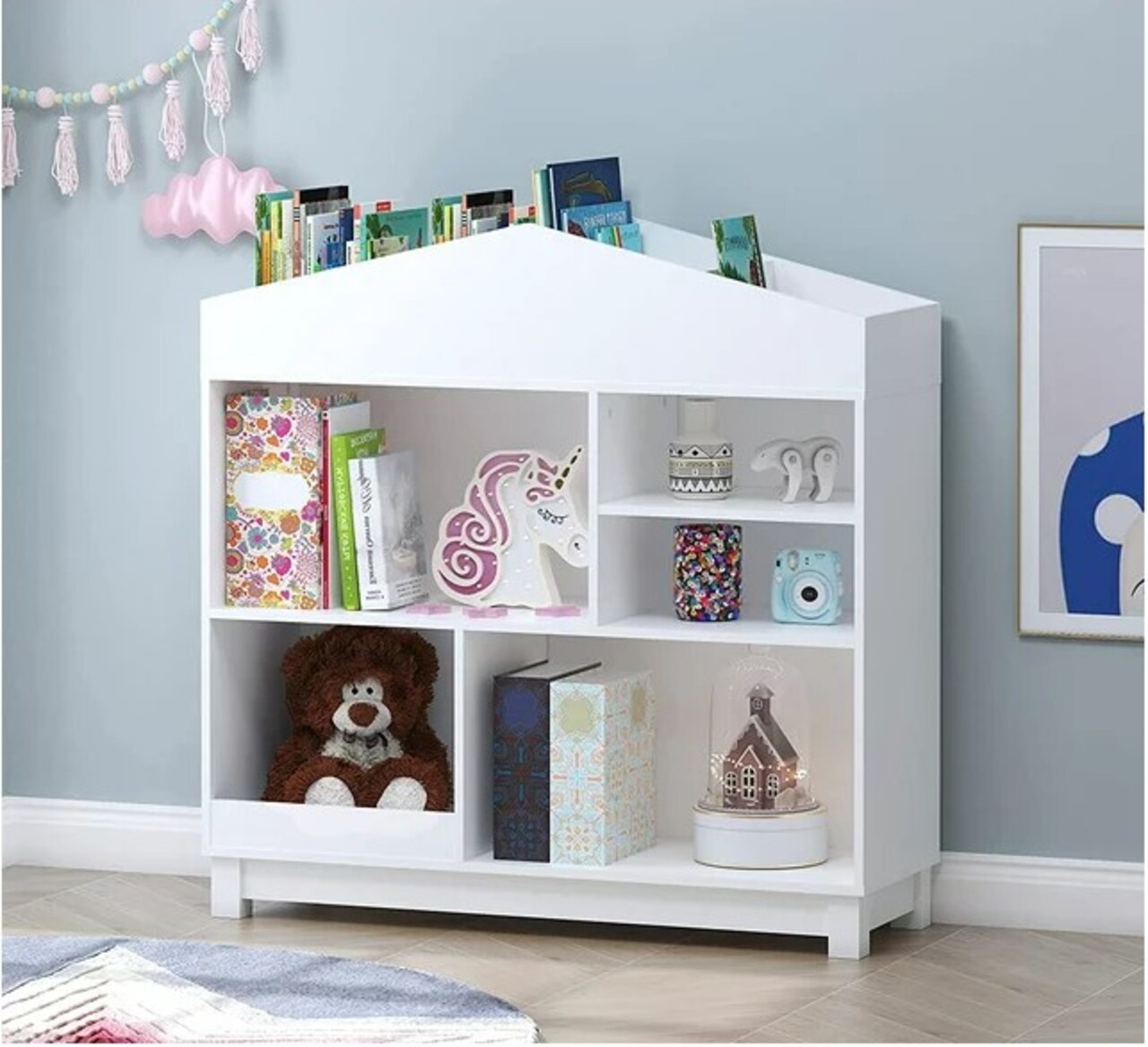Playhouse Book Shelves, Wooden Children's Bookcases with Storage, Kids Bookshelf White Dollhouse Bookcase for Boys and Girls